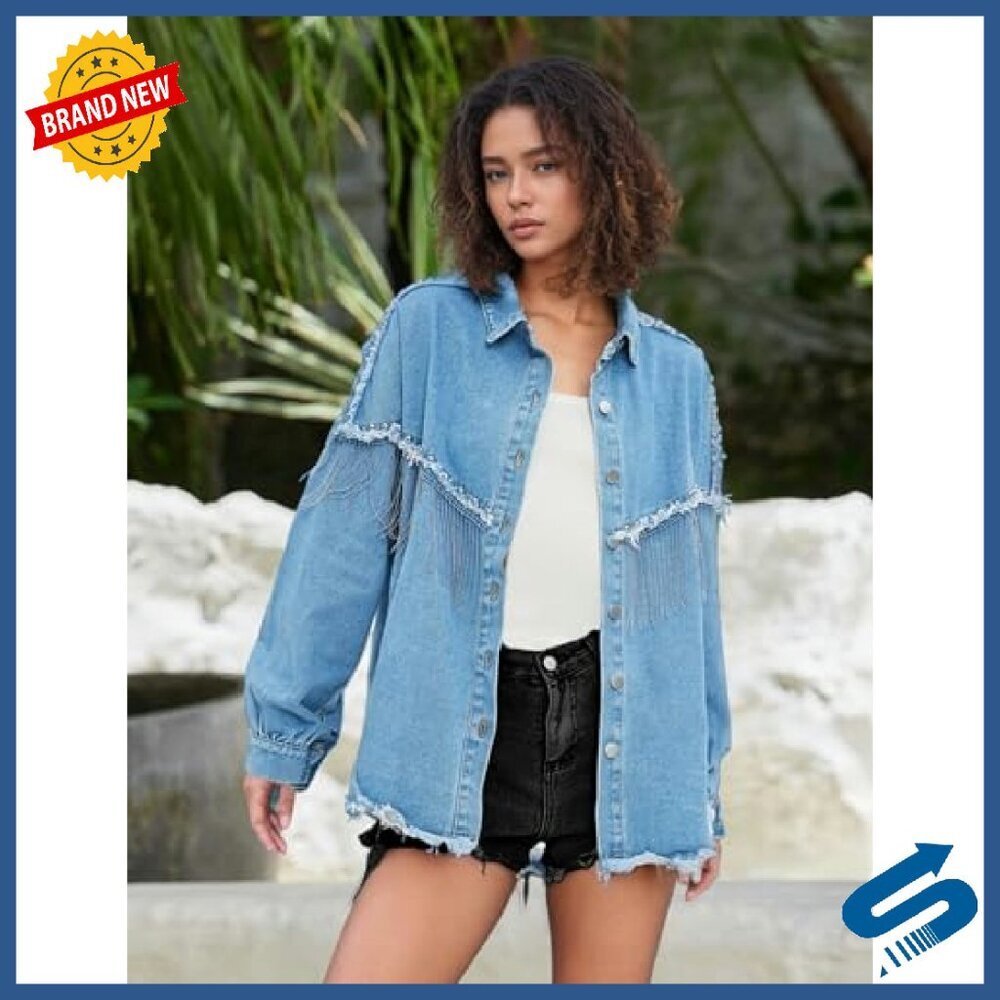 Oversized Fringe Denim Jacket Western Cowgirl Sparkly Tassel - Picture 4 of 8